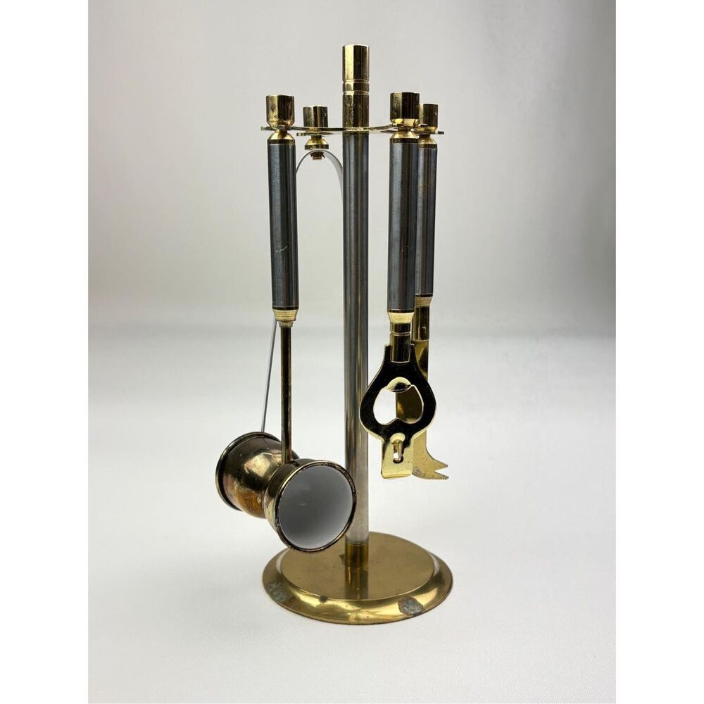 Vintage MCM Style Metal Brass & Silver Tone Bar Mixer Tool Set w/ Stand 5pc AX26